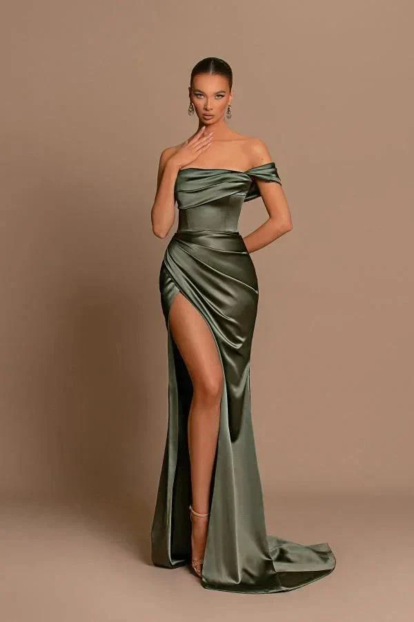 Elegant Long Mermaid One Shoulder Satin Formal Prom Dresses with Slit - Image 4