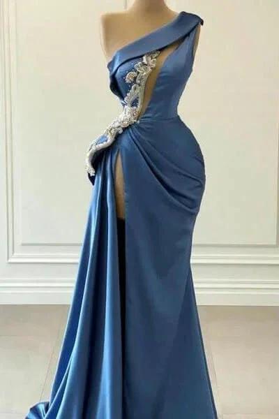 Elegant Long Mermaid One Shoulder Satin Prom Dress With Slit - Image 2