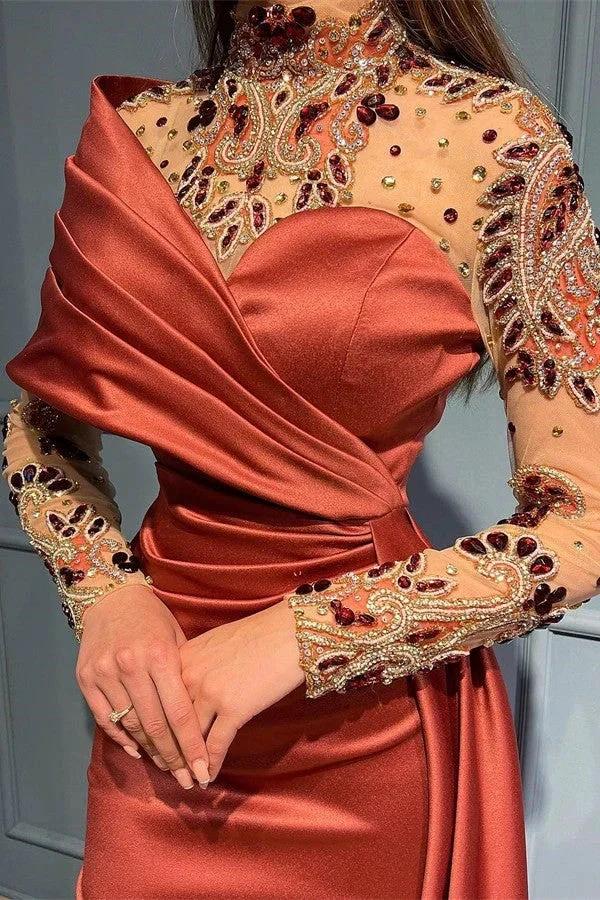 Elegant Long Mermaid Ruffles Satin Beading Tulle Prom Dress with Sleeves - Image 2