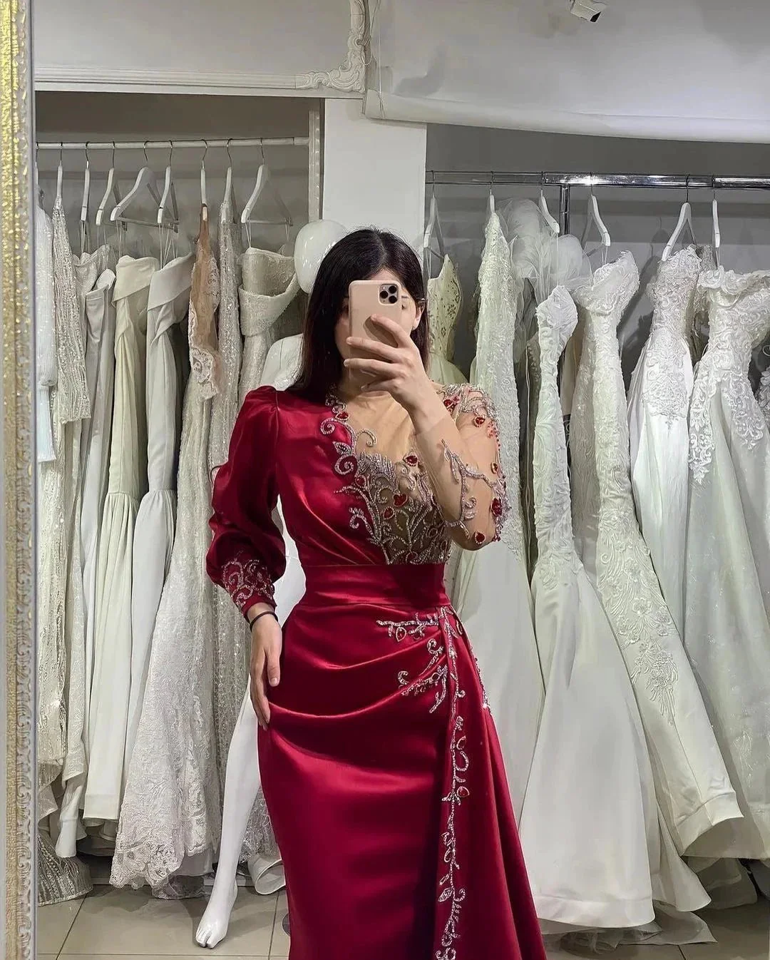 Elegant Long Mermaid Satin Burgundy Prom Dress with Sleeves - Image 2