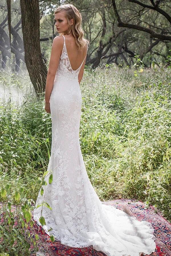 Elegant Long Mermaid Spaghetti Strap Lace Backless Wedding Dress - Image 2