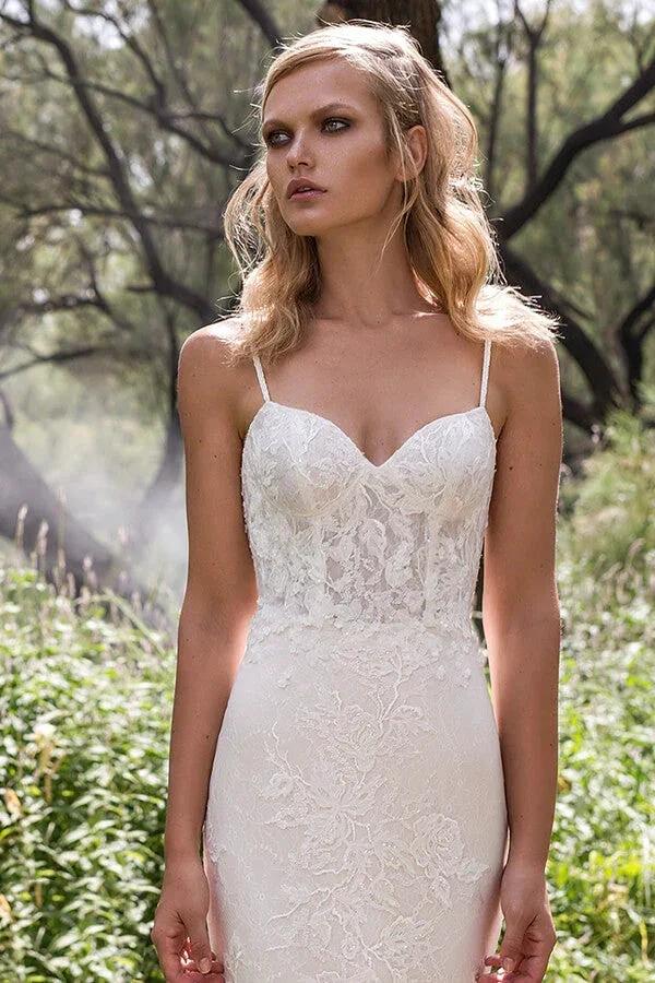 Elegant Long Mermaid Spaghetti Strap Lace Backless Wedding Dress - Image 3