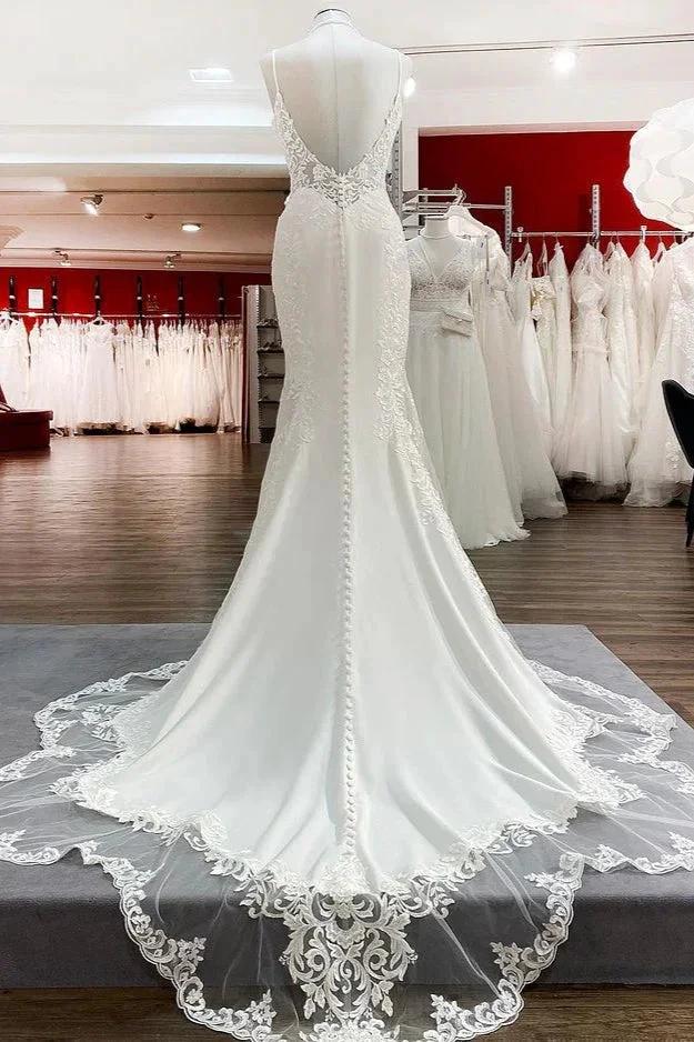 Elegant Long Mermaid Spaghetti Straps Lace Satin Open Back Wedding Dress - Image 2