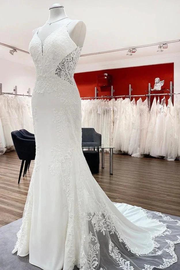 Elegant Long Mermaid Spaghetti Straps Lace Satin Open Back Wedding Dress - Image 3