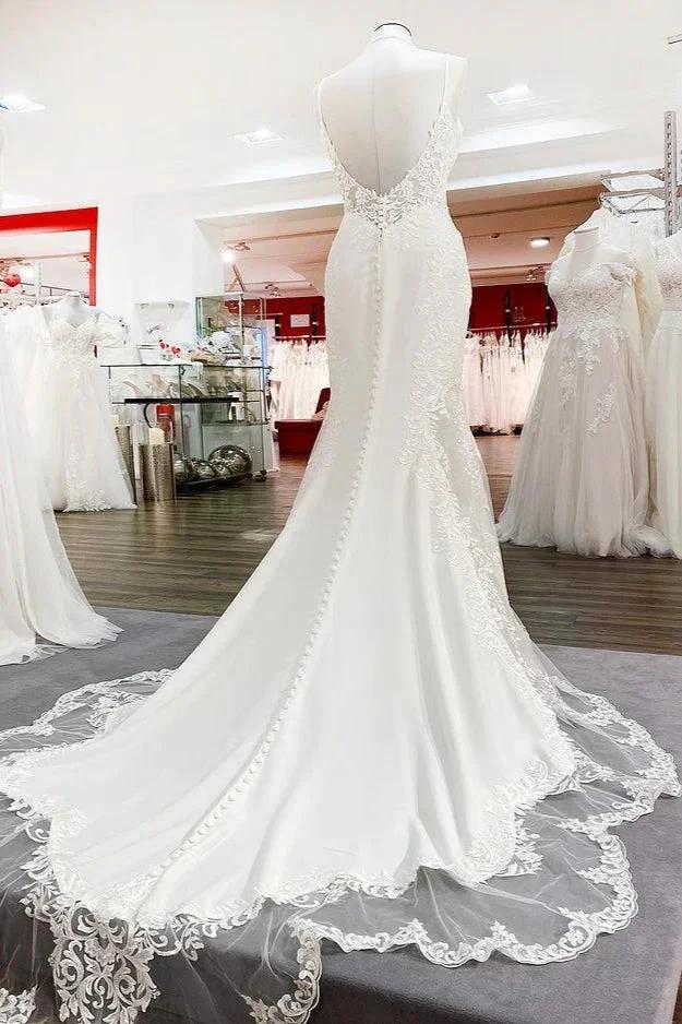 Elegant Long Mermaid Spaghetti Straps Lace Satin Open Back Wedding Dress - Image 4