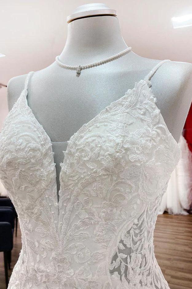 Elegant Long Mermaid Spaghetti Straps Lace Satin Open Back Wedding Dress - Image 5