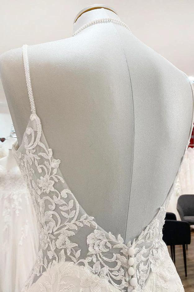 Elegant Long Mermaid Spaghetti Straps Lace Satin Open Back Wedding Dress - Image 6