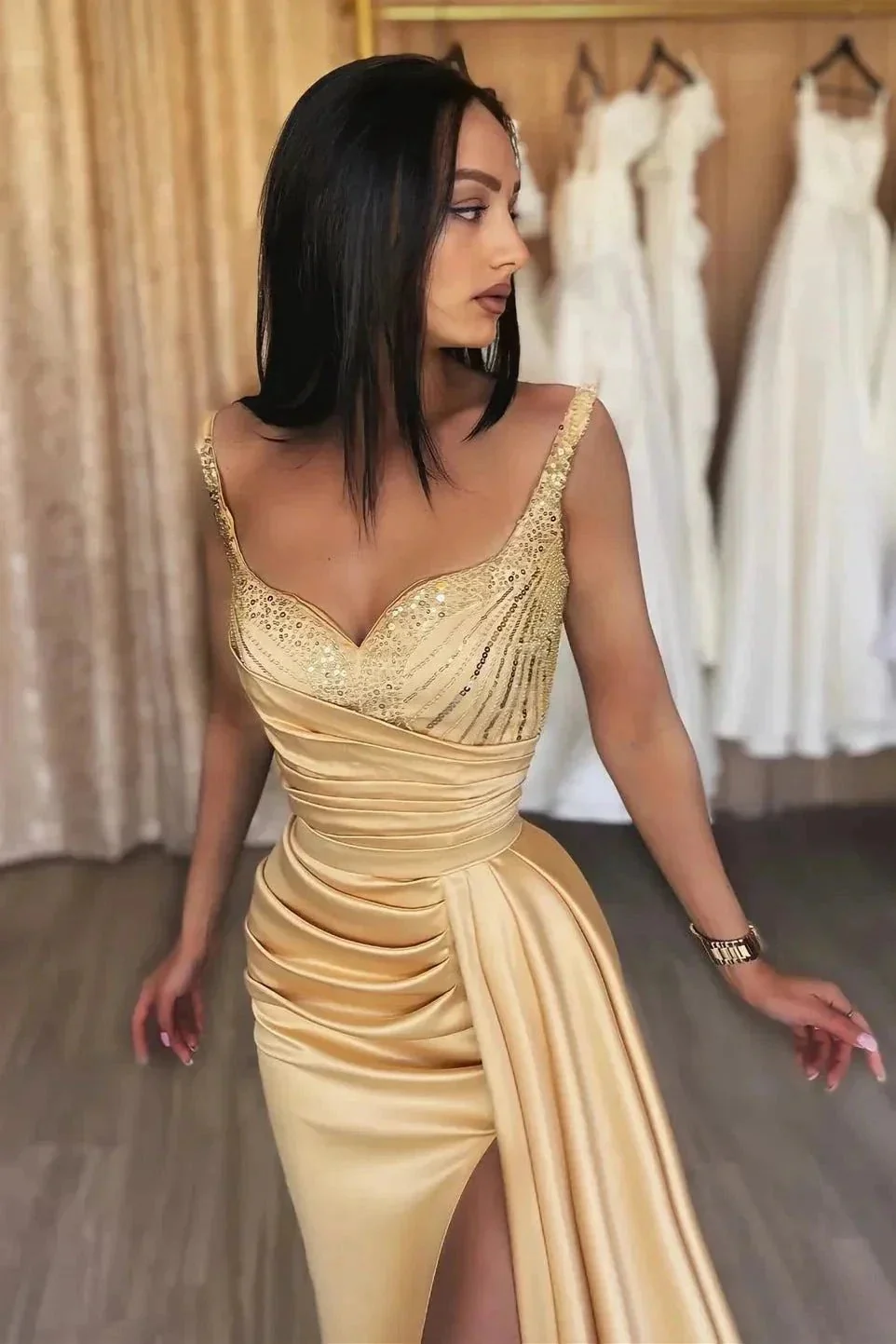 Elegant Long Mermaid Spaghetti Straps Sequined Sleeveless Prom Dress With Slit - Image 2