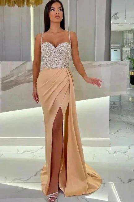Elegant Long Mermaid Spaghetti Straps Sweetheart Glitter Prom Dress With Slit - Image 5