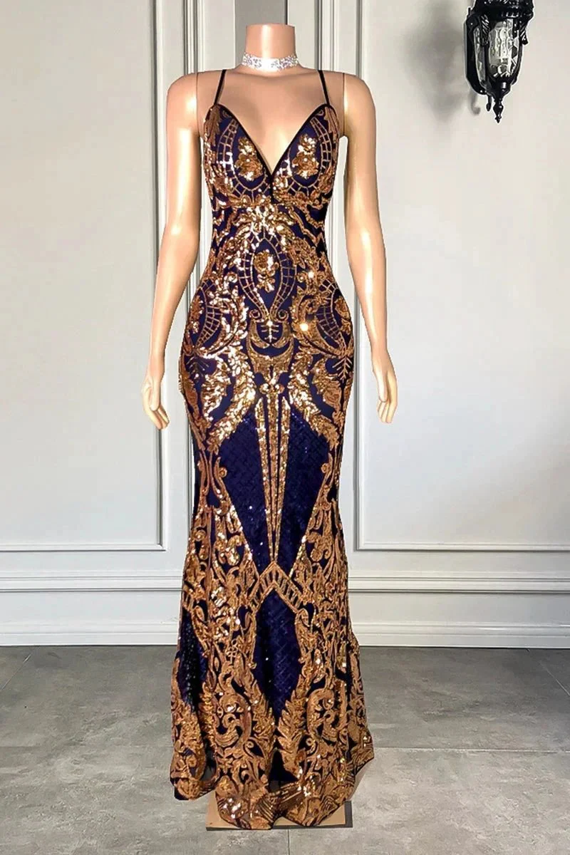 Elegant Long Mermaid Spaghetti Straps V-neck Lace Sleeveless Prom Dress - Image 2