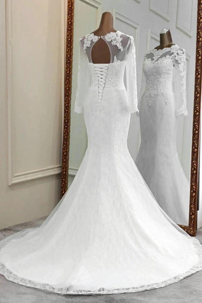 Elegant Long Mermaid Tulle Jewel Wedding Dress with Sleeves - Image 2