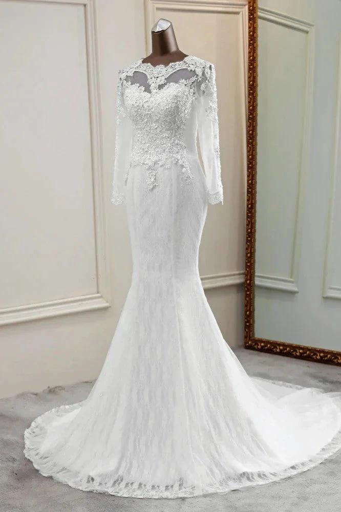 Elegant Long Mermaid Tulle Jewel Wedding Dress with Sleeves - Image 3