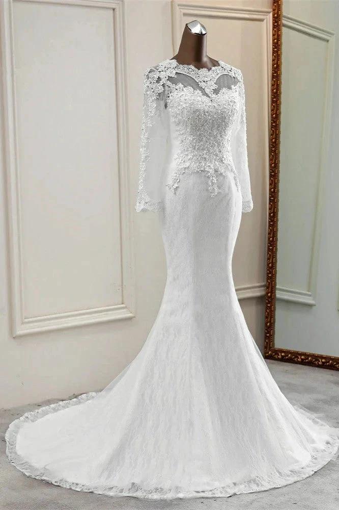 Elegant Long Mermaid Tulle Jewel Wedding Dress with Sleeves - Image 4