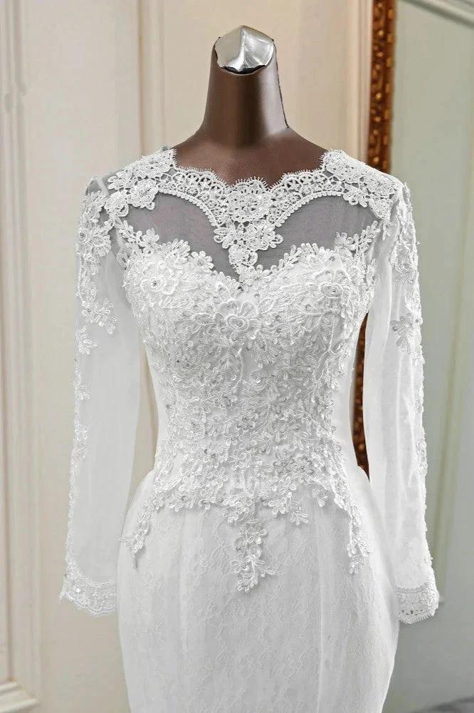 Elegant Long Mermaid Tulle Jewel Wedding Dress with Sleeves - Image 6
