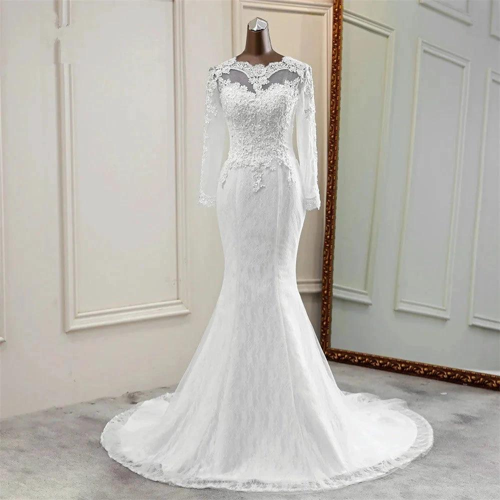 Elegant Long Mermaid Tulle Jewel Wedding Dress with Sleeves - Image 8