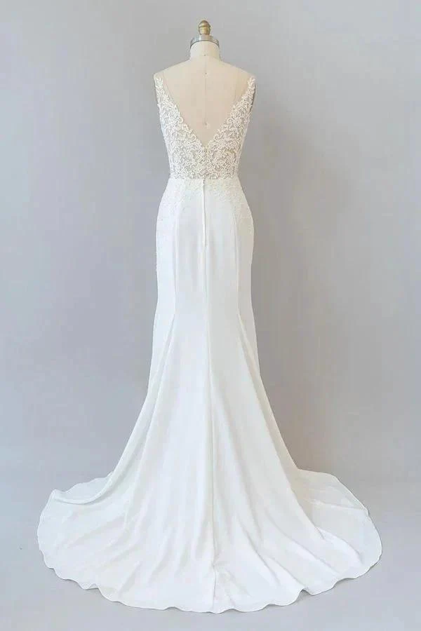 Elegant Long Mermaid V-neck Lace Backless Wedding Dress - Image 2