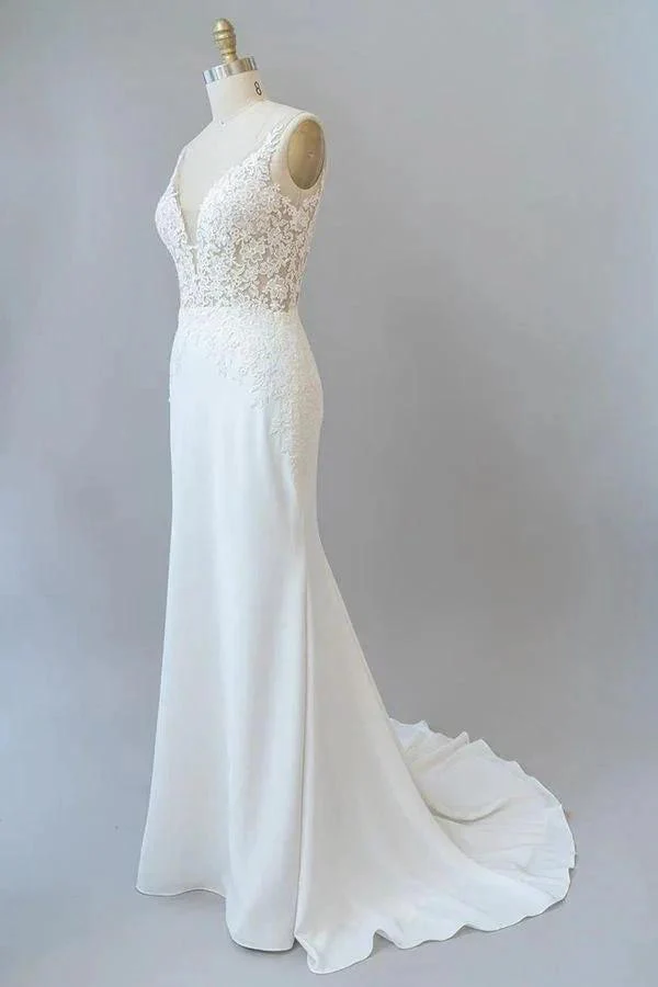 Elegant Long Mermaid V-neck Lace Backless Wedding Dress - Image 3