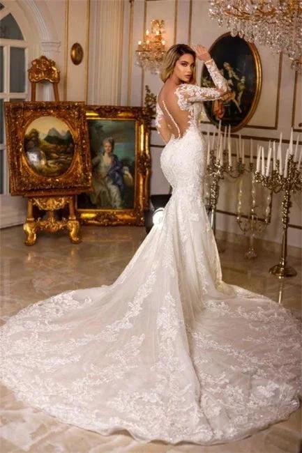 Elegant Long Mermaid V-neck Lace Wedding Dresses With Long Sleeves - Image 2