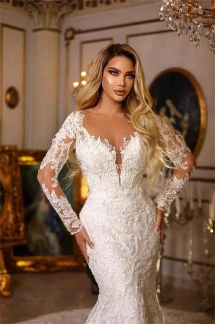 Elegant Long Mermaid V-neck Lace Wedding Dresses With Long Sleeves - Image 3