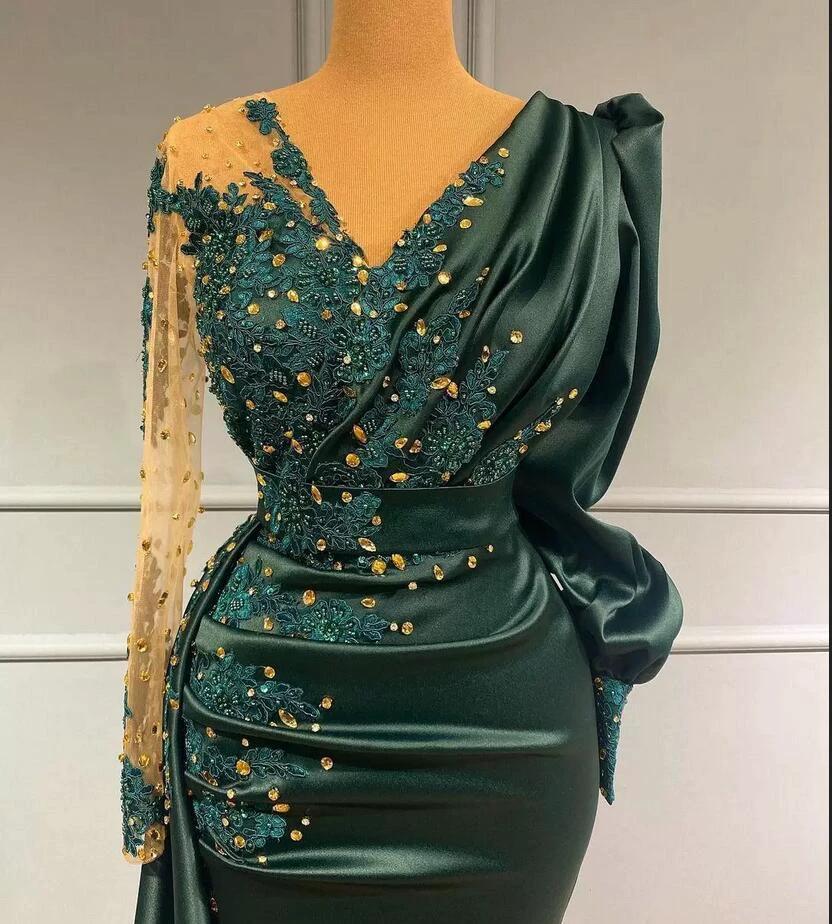 Elegant Long Mermaid V-neck Satin Dark Green Prom Dress - Image 2
