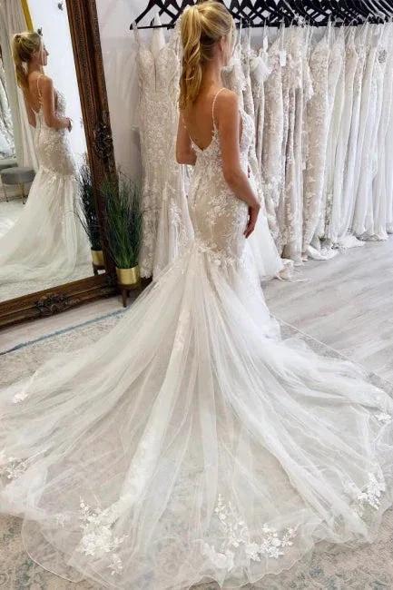 Elegant Long Mermaid V-neck Sleeveless Wedding Dresses With Lace - Image 2