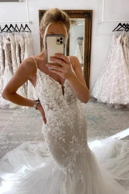 Elegant Long Mermaid V-neck Sleeveless Wedding Dresses With Lace - Image 3