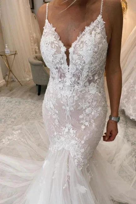 Elegant Long Mermaid V-neck Sleeveless Wedding Dresses With Lace - Image 5