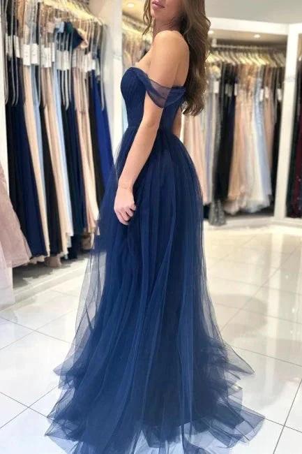 Elegant Long Navy Blue Off-the-shoulder A-line Sleeveless Prom Dresses - Image 2