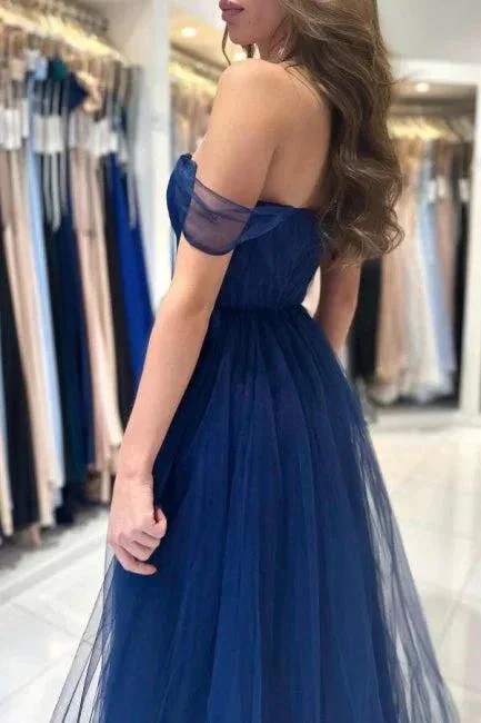 Elegant Long Navy Blue Off-the-shoulder A-line Sleeveless Prom Dresses - Image 4