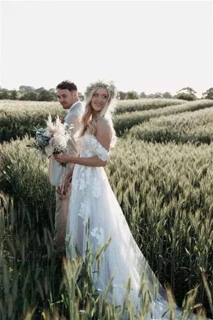 Elegant Long Off-the-Shoulder Tulle Floral Lace Wedding Dress - Image 2