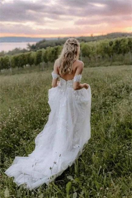 Elegant Long Off-the-Shoulder Tulle Floral Lace Wedding Dress - Image 5