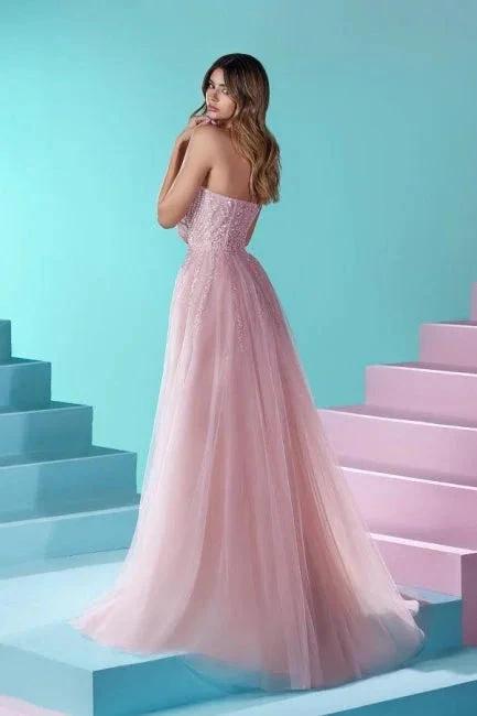 Elegant Long Pink A-line Strapless Lace Glitter Prom Dress With Slit - Image 2