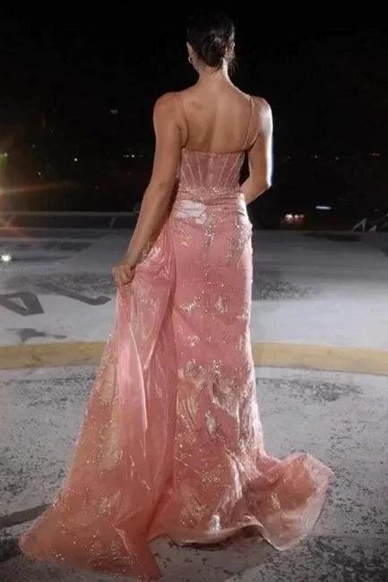 Elegant Long Pink Spaghetti Straps Sexy Lace Prom Dress With Slit - Image 2
