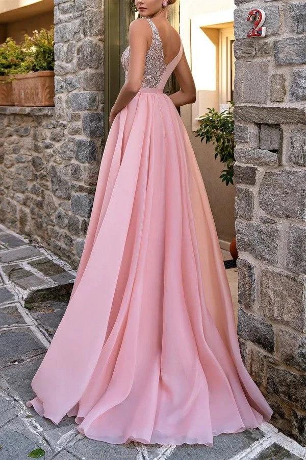 Elegant Long Pink V-Neck A-line Glitter Sleeveless Evening Dresses With Slit - Image 2