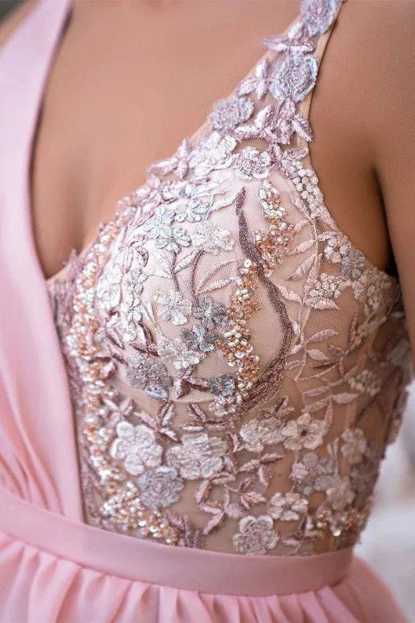 Elegant Long Pink V-Neck A-line Glitter Sleeveless Evening Dresses With Slit - Image 3