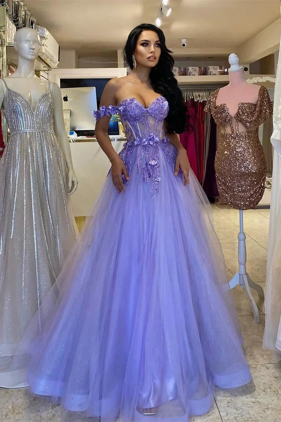 Elegant Long Purple A-line Off-the-shoulder Sleeveless Prom Dress With Lace - Image 2