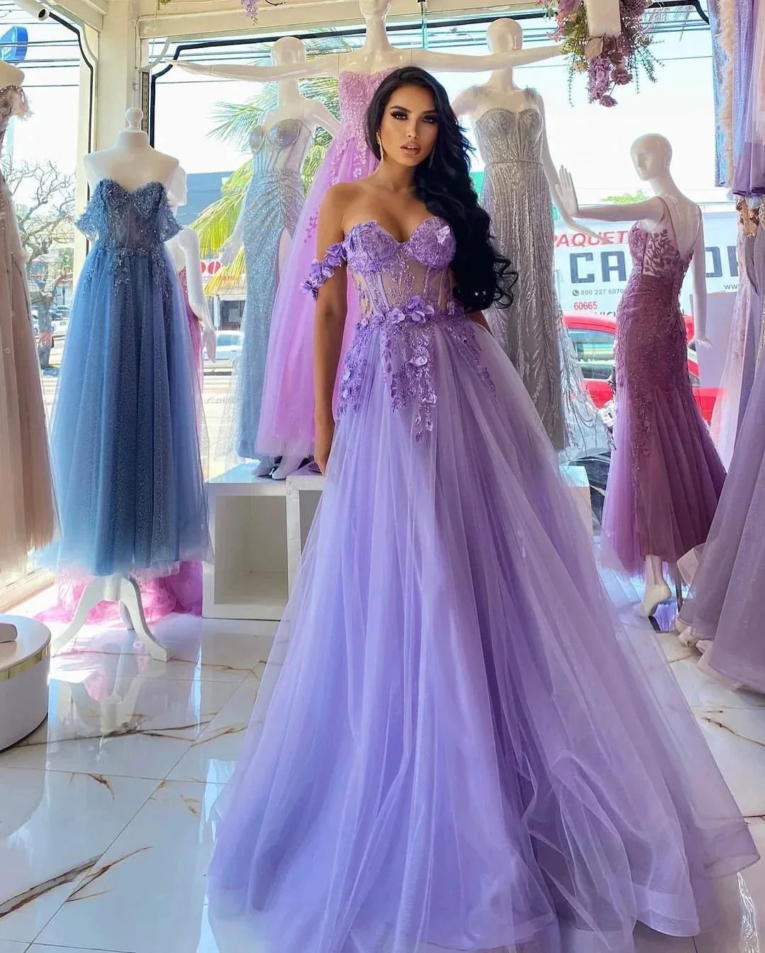 Elegant Long Purple A-line Off-the-shoulder Sleeveless Prom Dress With Lace - Image 3
