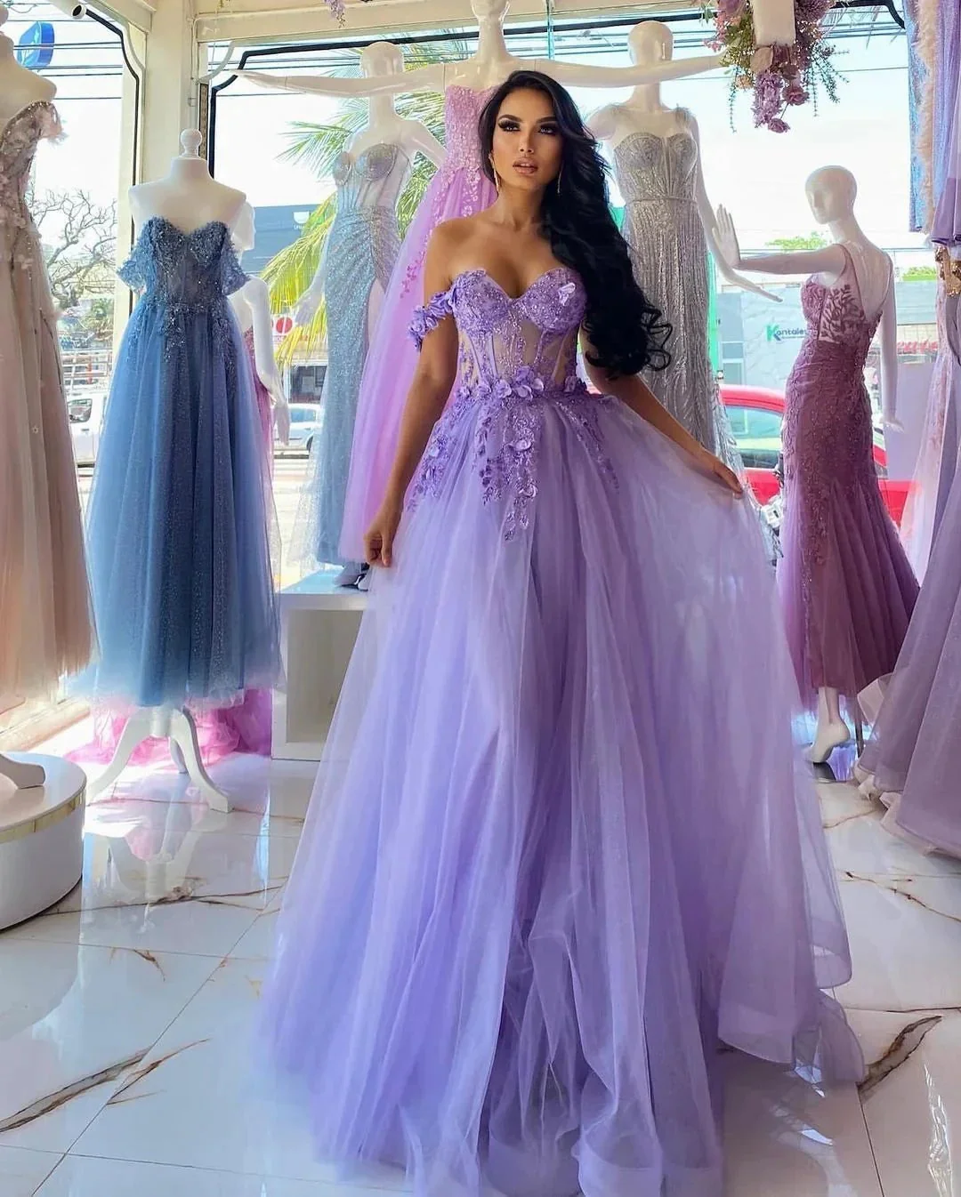 Elegant Long Purple A-line Off-the-shoulder Sleeveless Prom Dress With Lace - Image 4