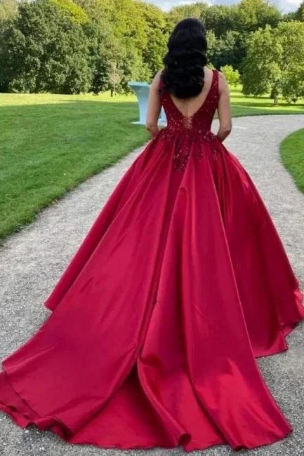 Elegant Long Red A-line Sleeveless Satin Weeding Dress With Lace - Image 2