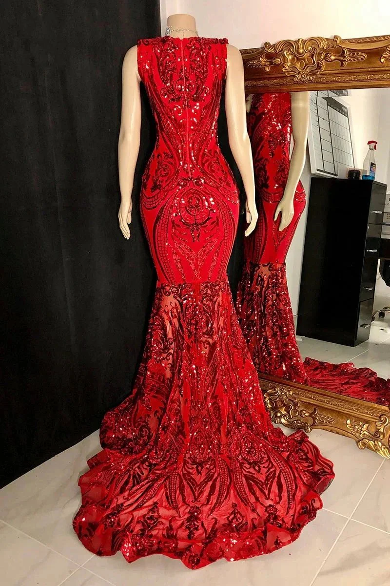 Elegant Long Red Mermaid Sleeveless Prom Dress With Lace - Image 2