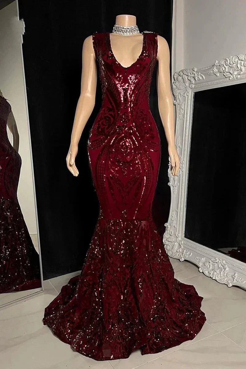 Elegant Long Red Mermaid Sleeveless Prom Dress With Lace - Image 5