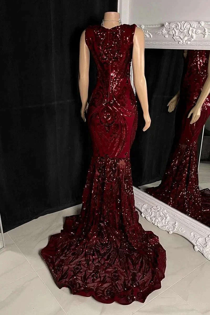 Elegant Long Red Mermaid Sleeveless Prom Dress With Lace - Image 6