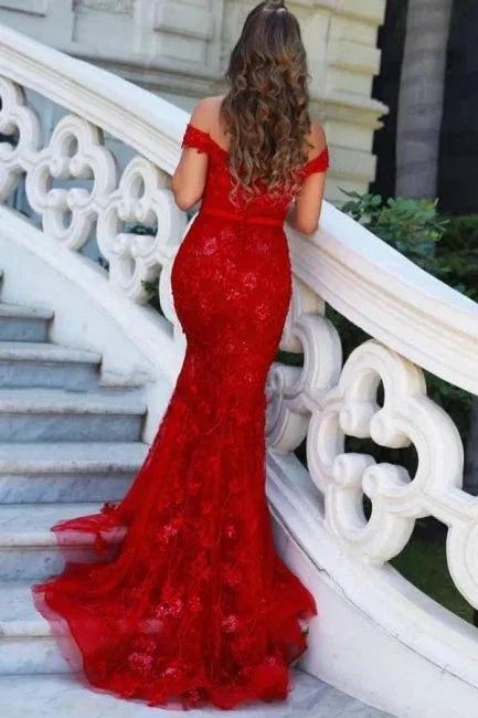 Elegant Long Red Off-the-shoulder Mermaid Prom Dresses with Glitter - Image 2