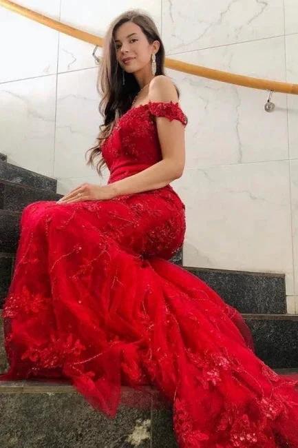 Elegant Long Red Off-the-shoulder Mermaid Prom Dresses with Glitter - Image 3