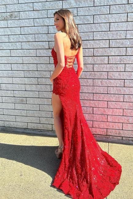 Elegant Long Red One Shoulder Evening Dresses Glitter Lace Prom Dresses With Slit - Image 2