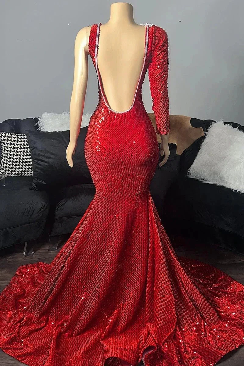 Elegant Long Red One Shoulder V-neck Sequined Prom Dress With Long Sleeve - Image 2