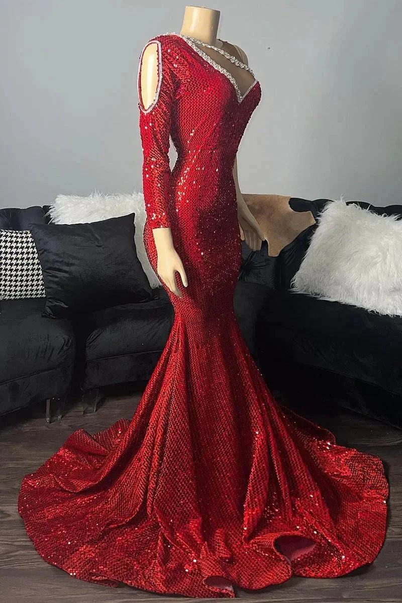 Elegant Long Red One Shoulder V-neck Sequined Prom Dress With Long Sleeve - Image 3