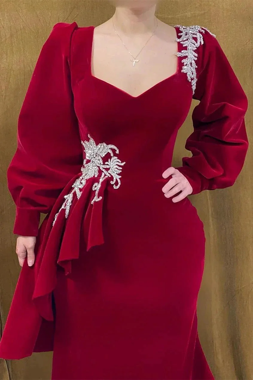 Elegant Long Red Velvet Beading Mermaid Prom Dress With Long Sleeves - Image 2