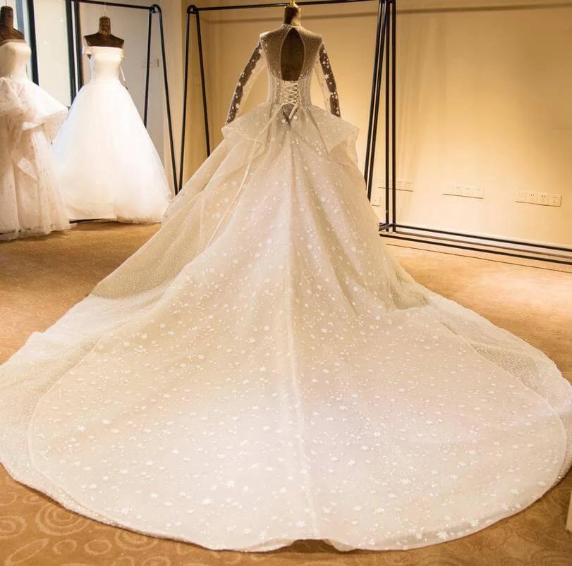 Elegant Long Sleeve Beading Lace-up Tulle Ball Gowns Sparkle Wedding Dress - Image 2