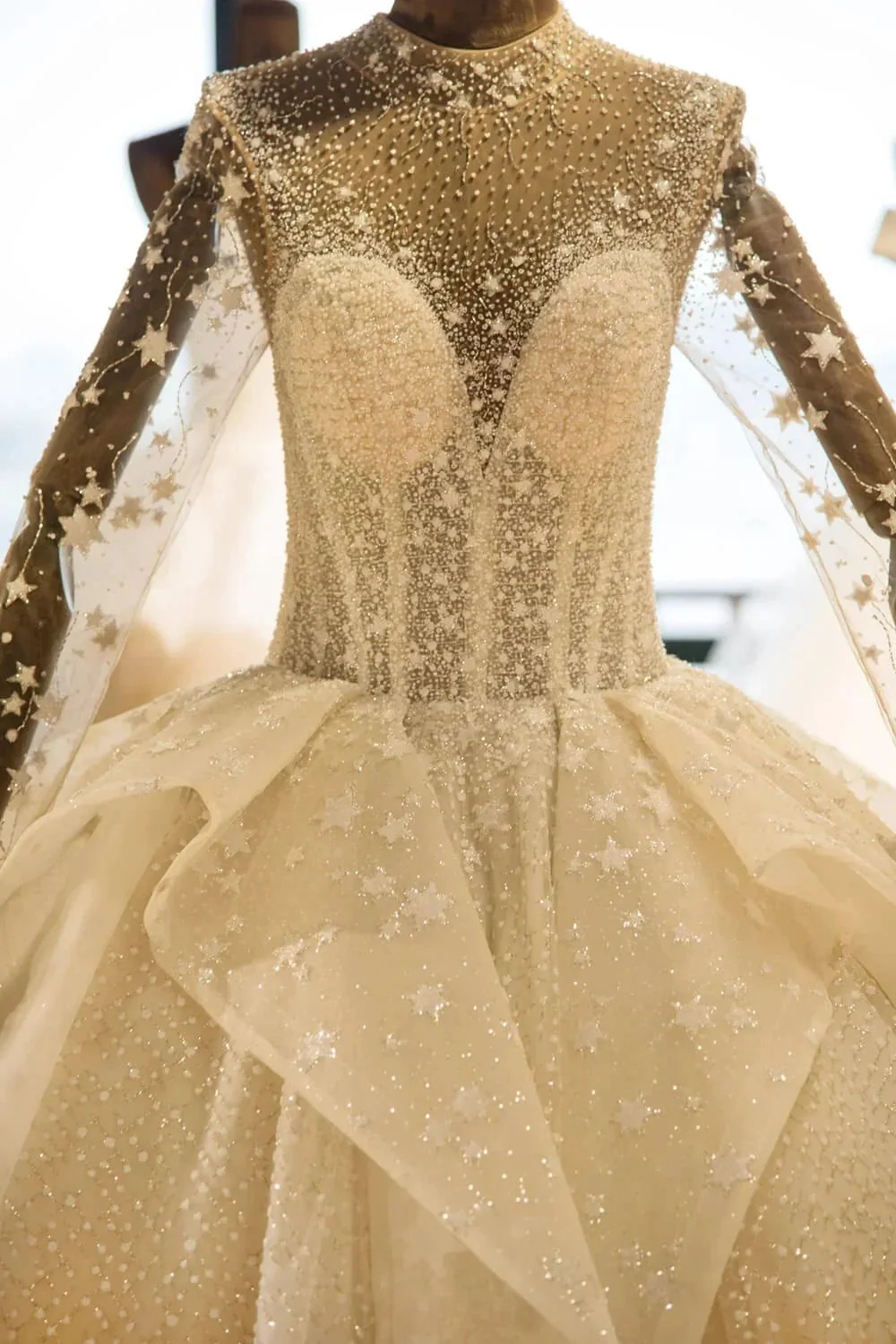 Elegant Long Sleeve Beading Lace-up Tulle Ball Gowns Sparkle Wedding Dress - Image 6